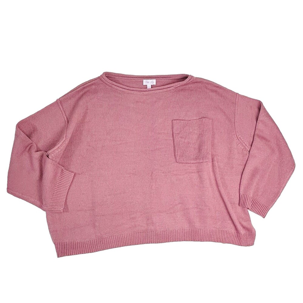 PINK LILY Oversized Pink Sweater Size Small Ribbed Knit Slit Hem Pocket Dolman‎